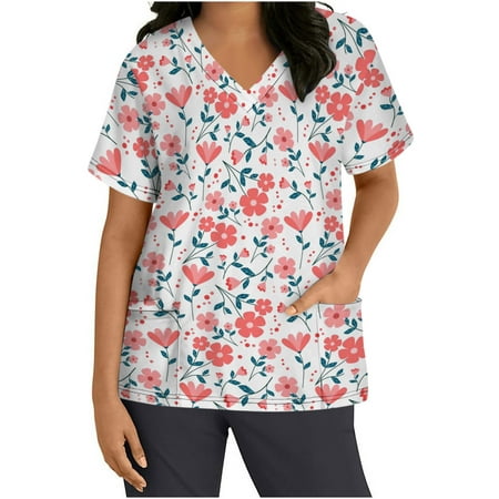

Honeeladyy Sales Cute Working Uniform for Womens Scrub_Top with Pockets Short Sleeve Vneck Workwear Nurses Clinic Carer Summer Shirts