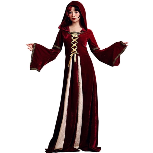 Mujer Moda Halloween Retro Gótico Cuello Redondo Manga Larga Corte Medieval Custome Vestido Largo Fridja yut1329