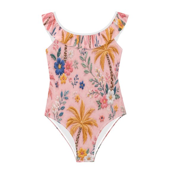 Girls Ruffled One Piece Swimsuit Summer Beach Vacation Swimwear Tank Swimsuit Retro Tropical Pattern