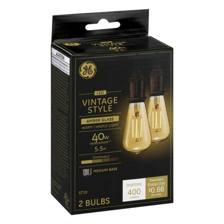 GE LED 5.5W (40W Equivalent) Vintage St19 General Purpose Bulbs, Amber Finish, Straight Filament, Medium Base 2pk