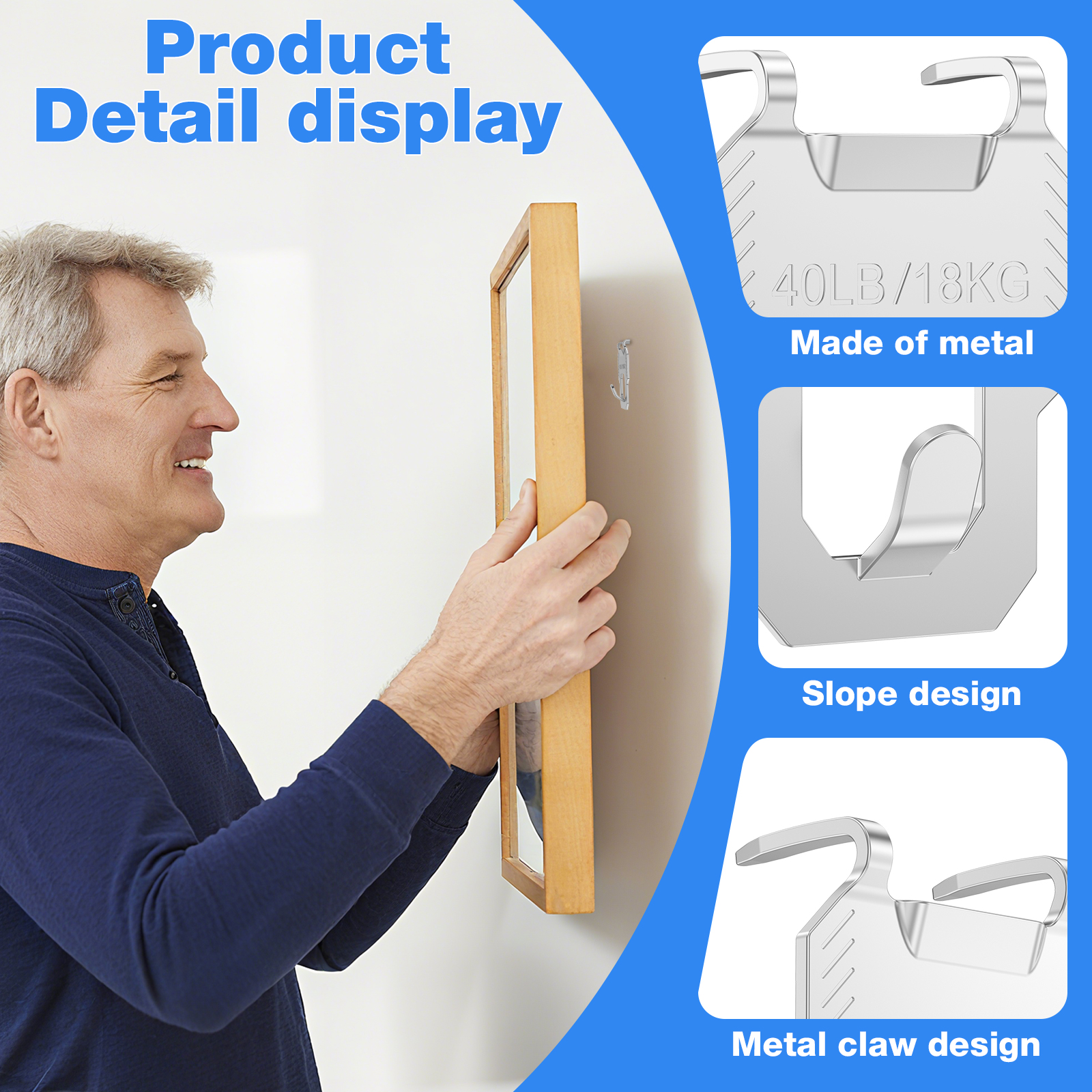 TMWEFUSC 60Pcs Claw Drywall Picture Hanger, Wall Picture Hanging Hooks Heavy Duty Picture Frame Hooks Kit Stainless Steel Mirror Hanger Hold Up to 40 lb for Photo Poster Decor