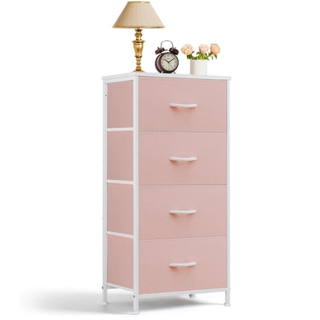 ACCVER Dresser for Bedroom 4 Storage drawer Fabric Closet Chests Organizer Tower with Wooden Top Metal Frame for Living Room Hallway Entryway Pink
