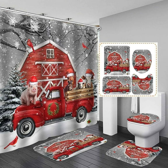 4PCS Plant Highland Cow Shower Curtain Sets with Rugs, Waterproof White Fabric Shower Curtain, Farm Animal Bull Cattle Western Rustic Farmhouse Green Eucalyptus Leaf Botanical Bathroom Decor