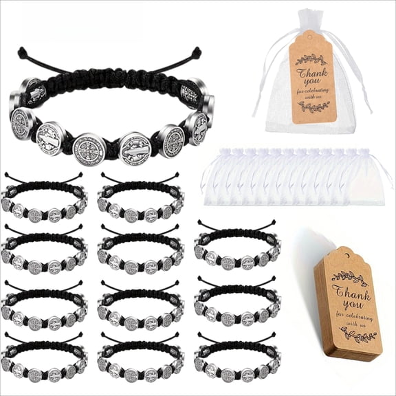 36PCS Braided Blessing Bracelet Gift Set, 12 Black Beaded Benedictine Bracelets with Virgin Mary Image, 12Cards & 12Gift Bags, Religious Bracelets for Party Favors, Spiritual Gifts, Faith Accessories