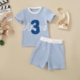 thumbnail image 2 of mgoYE Toddler Baby Boy Birthday Outfit Three Letter Embroidery Waffle T-shirt Top Jogger Shorts Summer Birthday Clothes(Light Blue,2-3 Years), 2 of 9