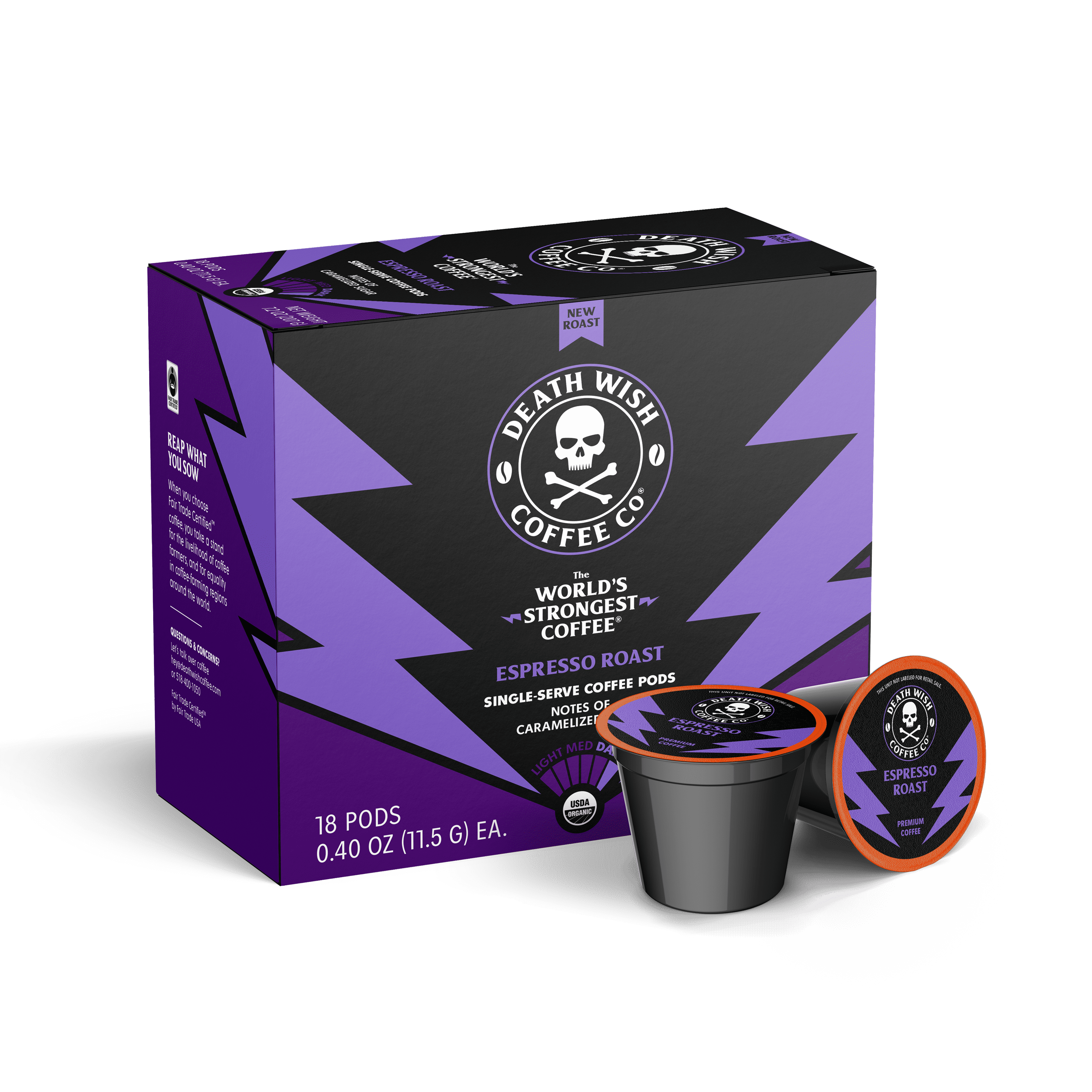 Death Wish Coffee, Organic, Fair-Trade, World's Strongest Coffee, Espresso Roast Single Serve Coffee Pods, 18ct, box