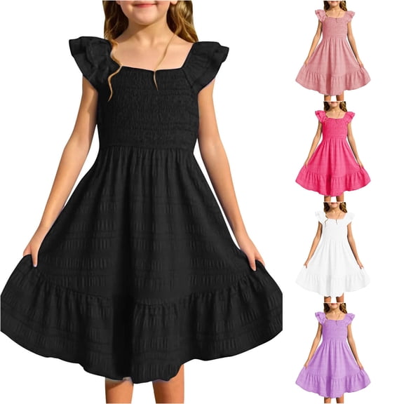 WAYUTE Girls Dresses Summer Square Neck Sleeveless High Waist Ruffled Solid Color Casual A Line Sundress with Pockets for Kids Teen,Black
