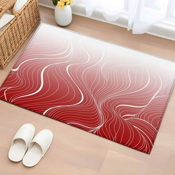 Red Geometric Bathroom Rug Washable 2x3 Entryway Rug Non Slip Modern White Stripe Abstract Distortion Art Front Door Mat Low Pile Indoor Doormat Throw Floor Carpet for Kitchen Bedroom Entrance