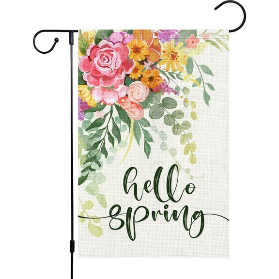 Hello Spring Garden Flag 12.5x18 Double Sided, Burlap Small Vertical Happy Spring Floral Flower Garden Yard Flags for Seasonal Outside Outdoor House Decoration (Only Flag)