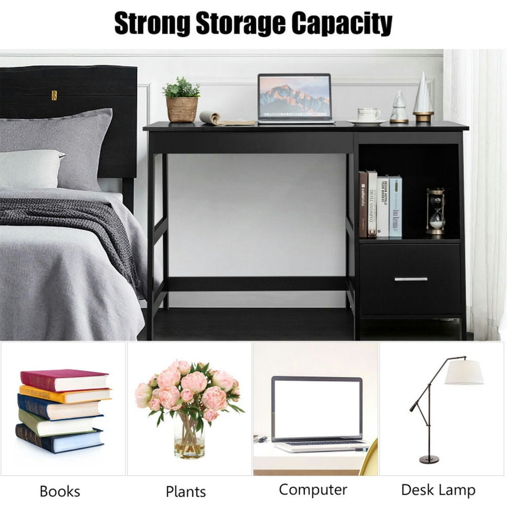 Demi Bonn 47.5" Modern Home Computer Desk with 2 Storage Drawers, Office Desk Study Writing Table, Black