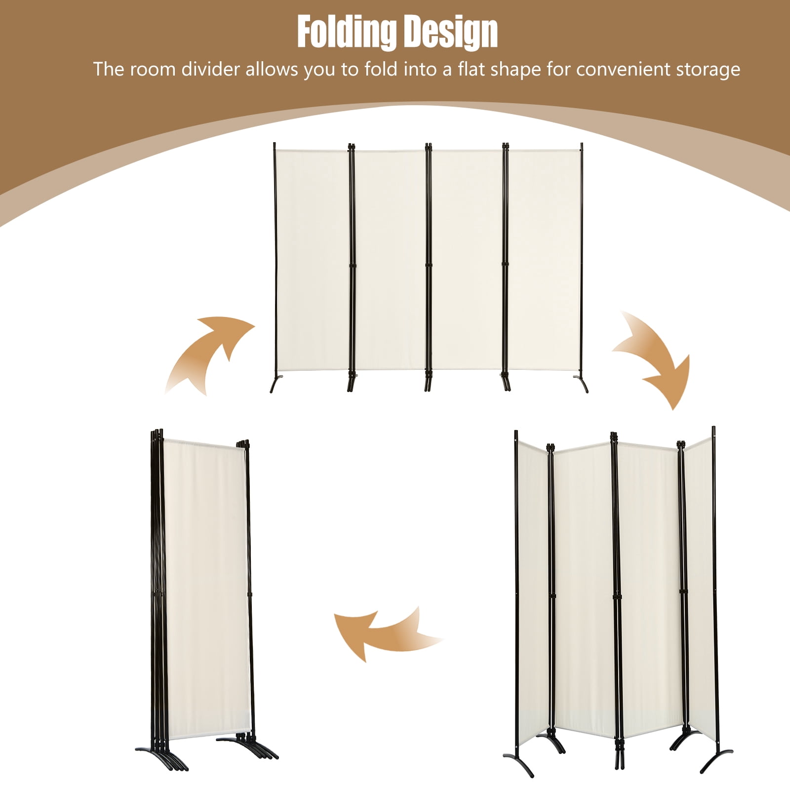Patiojoy 5.6Ft Tall Folding Room Divider Freestanding 4-Panel Privacy Screen w/Iron Frame White