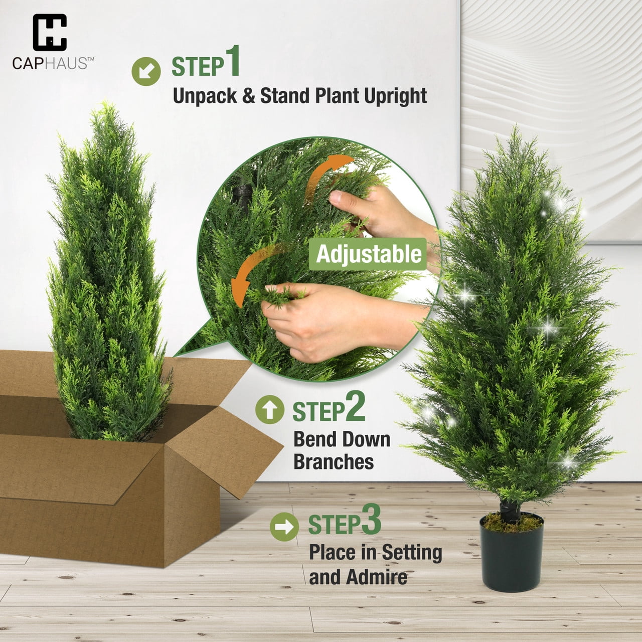 CAPHAUS 3 FT, 36 Inch Artificial Cedar Tree set of 2, Natural Faux Plants for Outside Planter, UV Resistant, Fake Boxwood Topiary w/ Dried Moss, Artificial Tree Indoor, Outdoor Patio Decor