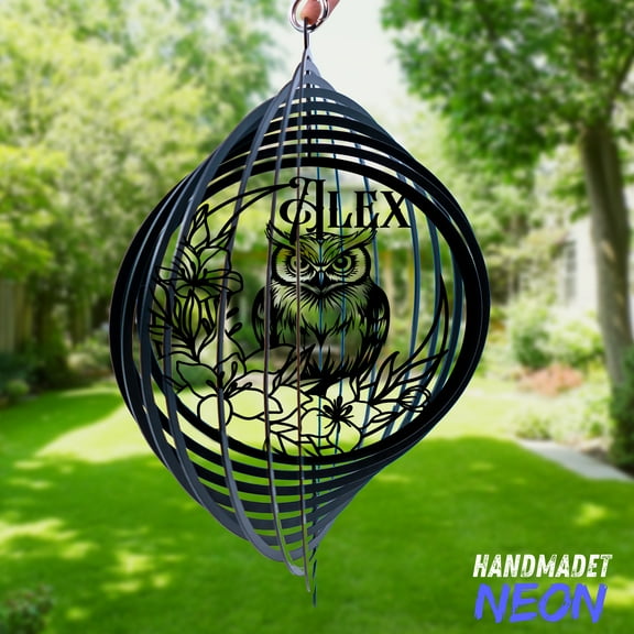 Handmadetneonsign Owl Wind Spinner Metal, Garden Decor Hanging Outdoor Yard Art Kinetic Bird Lovers 132732