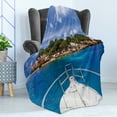 thumbnail image 4 of Sailboat Soft Flannel Fleece Throw Blanket, Tropical Island and Boat Exotic Journey Traveling Destinations Holidays, Cozy Plush for Indoor and Outdoor Use, 60" x 80", Blue Green Ivory, by Ambesonne, 4 of 5