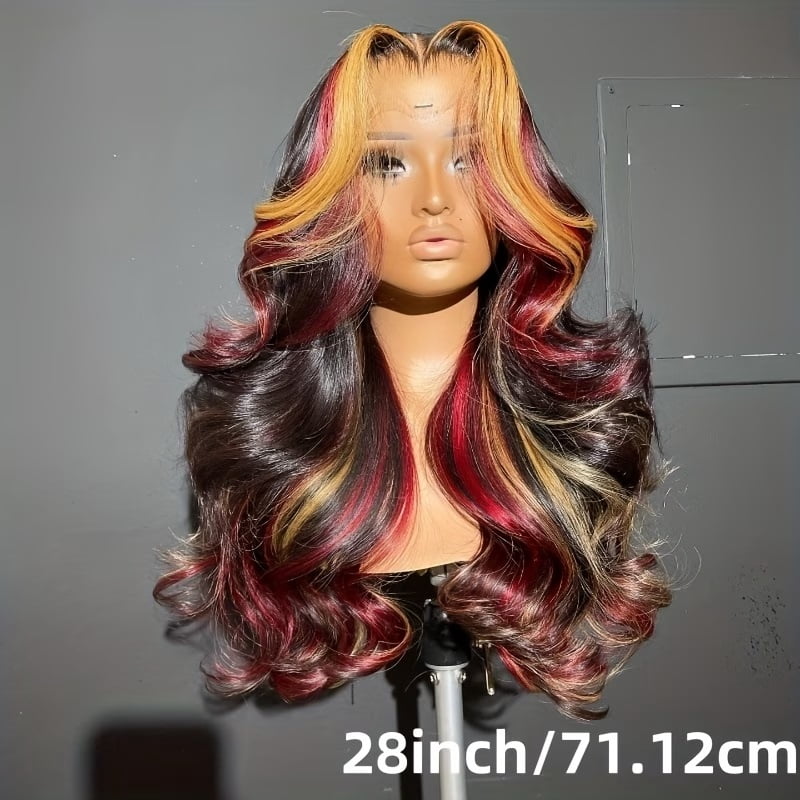 1pc, Elegant Lace Front Wig 28 Inch HD Blonde Red Highlights Body Wavy Synthetic Hair for Women of All Races
