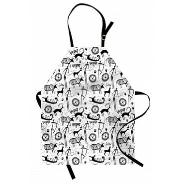 Tribal Apron African Primitive Pattern with Cultural Mask Animal and Arrows Folk Design, Unisex Kitchen Bib Apron with Adjustable Neck for Cooking Baking Gardening, Black and White, by Ambesonne