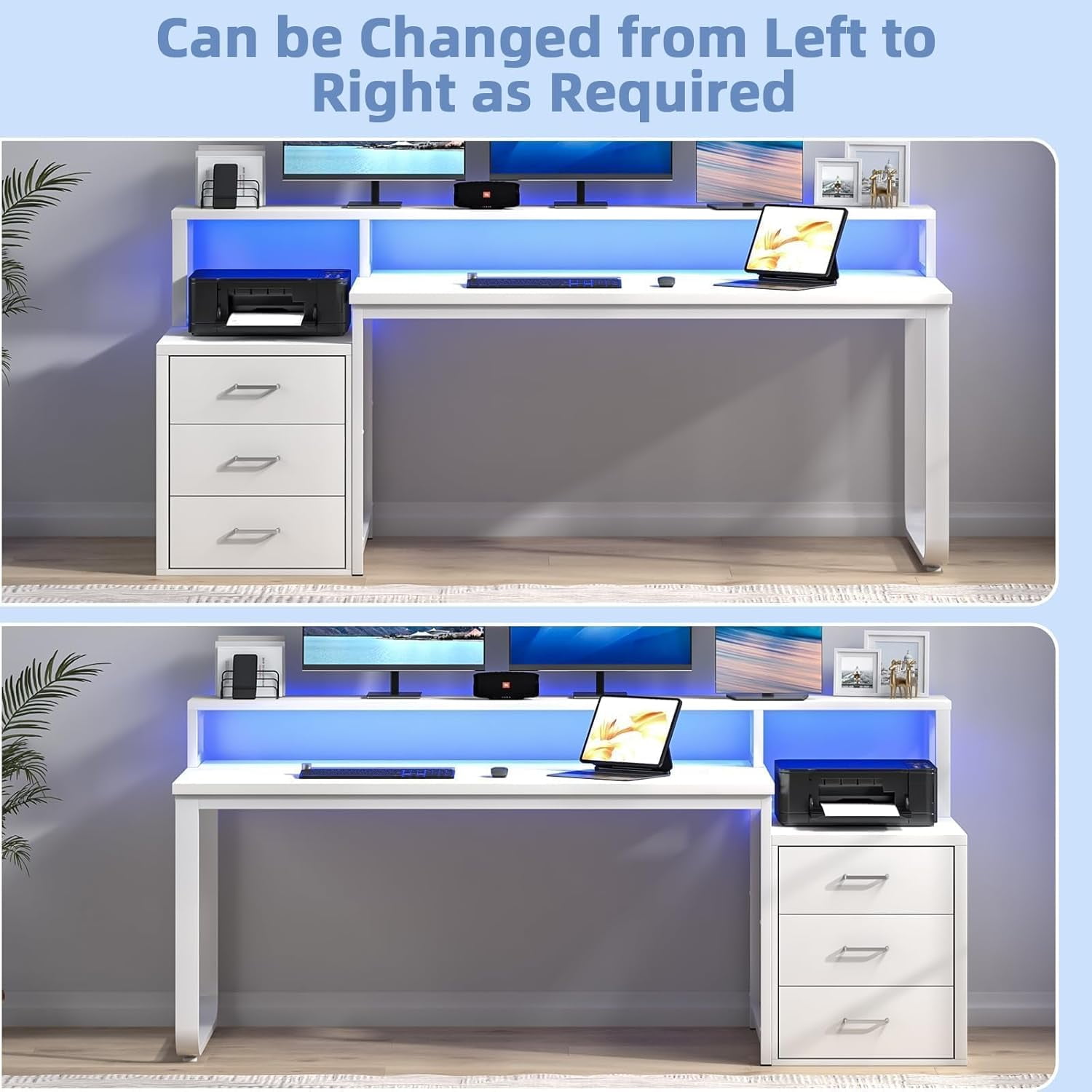 DreamCurship 67 inch White Desk with Monitor Stand, Computer Desk with Adjustable LED Light, Reversible Home Office Desk with 3 Storage Drawers, White