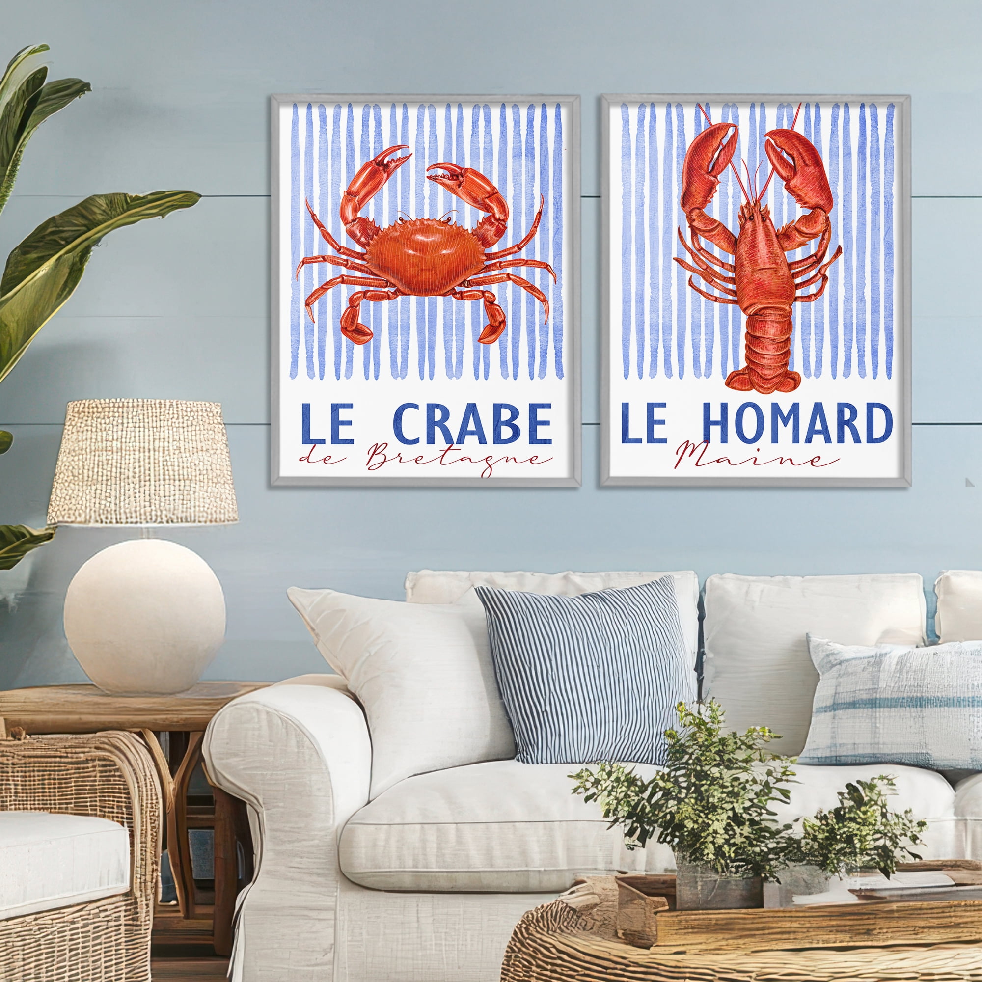 Stupell Industries Nautical Stripes Sea Creatures 2 Piece Gray Framed Giclee Art Set, design by Kim Allen