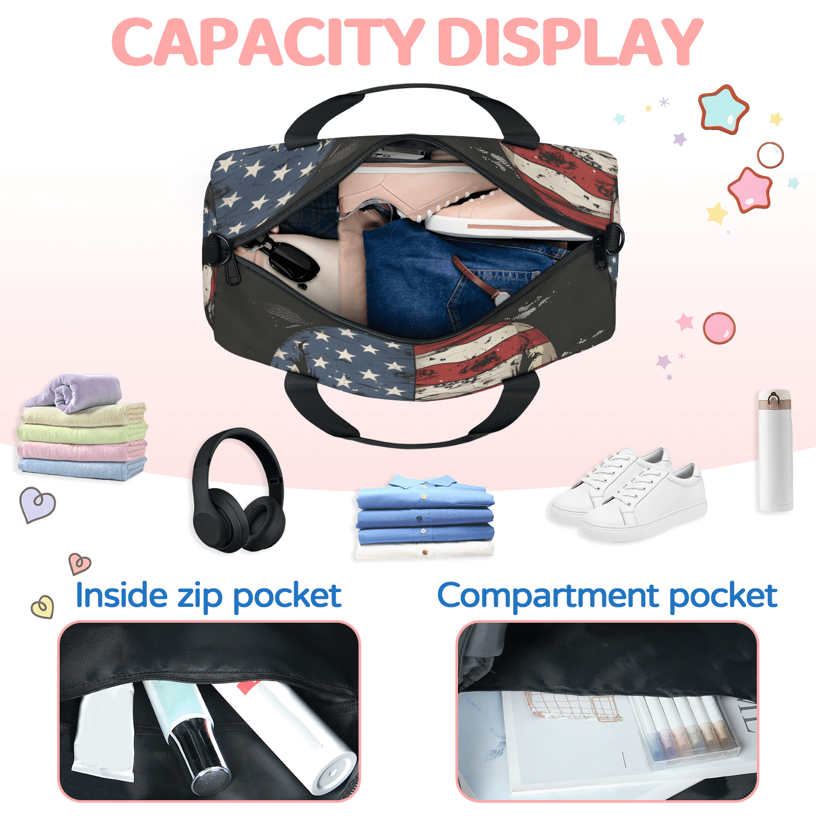Herdesigns Skull American Flag Travel Duffle Bag Sports Yoga Weekender Overnight Carry on Workout Bags Lightweight Waterproof Gym Tote Bag for Women
