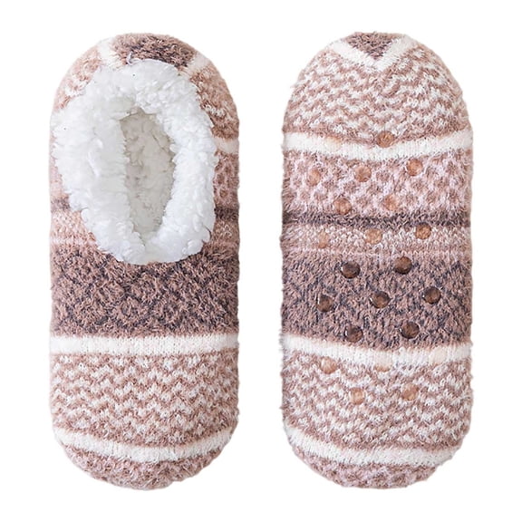 LPKRT Women Fleece Sock Slippers With Grips - Thick Warm Indoor Booties, Cozy House Socks(Brown-One Size)