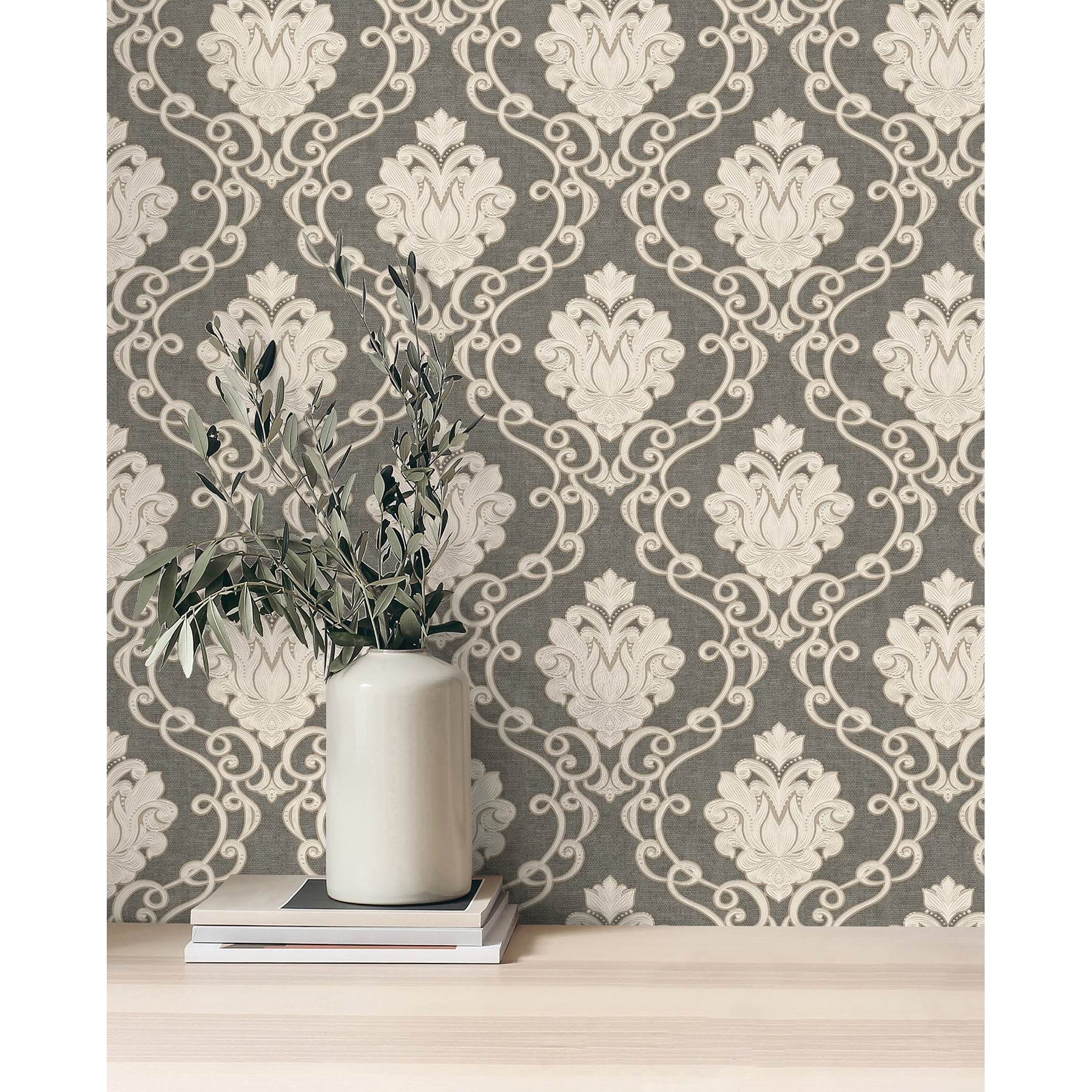 Fine Decor Florentine Charcoal Damask Wallpaper, 20.9-in by 33-ft