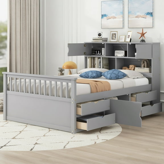 Euroco Wood Full Size Platform Bed with Storage Headboard, Captain Bed with 4 Drawers, Bookcase and Cabinets, Gray