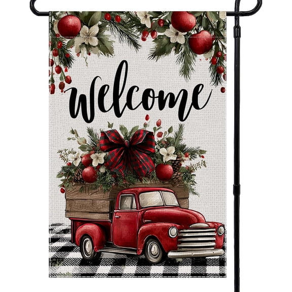 Double Sided Buffalo Plaid Christmas Flag 12x18 Inch Burlap Truck Apple Welcome Winter Yard Outdoor Decoration