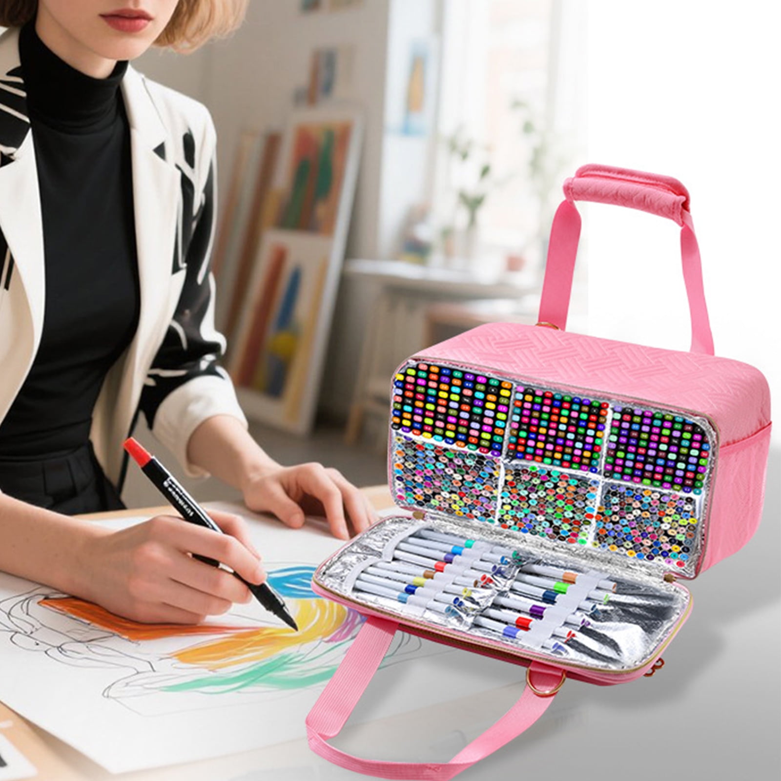 Multifunction Art Marker Carrying Case with Shoulder Strap Large Capacity Art Supply Organiser For Brush Markers Pencils