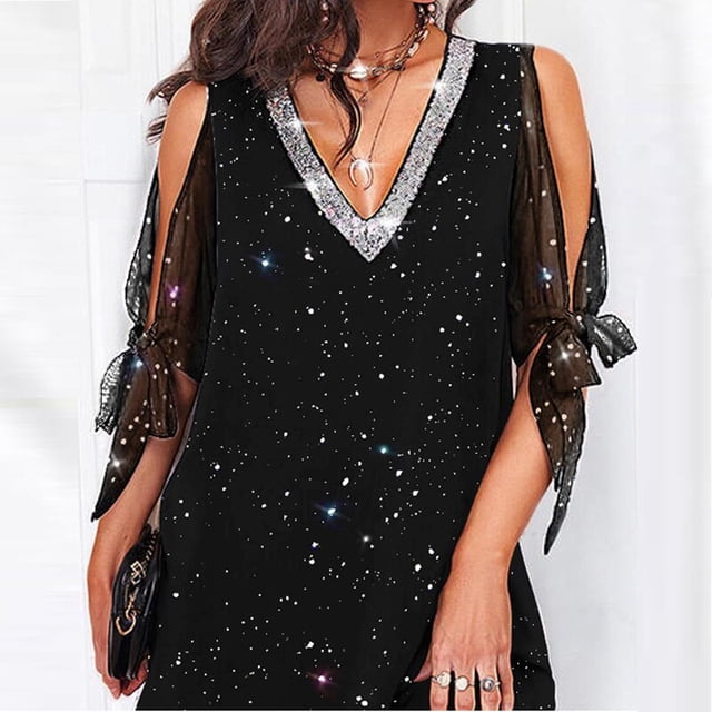 Lady Collision Stitching Chiffon Party Dress Spring Women Long-Sleeve Dress Sexy V-Neck Off-Shoulder Sequin Mesh Sleeve DressS Gao Jinjia LED