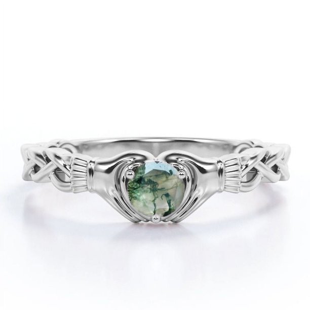 JeenMata Anillo de Compromiso Trenzado con Solitario Claddagh Ágata Verde Musgo Druzy Transparente de Talla Brillante Redonda de 1 Quilate; Baño de Oro Blanco de 18 K sobre Plata