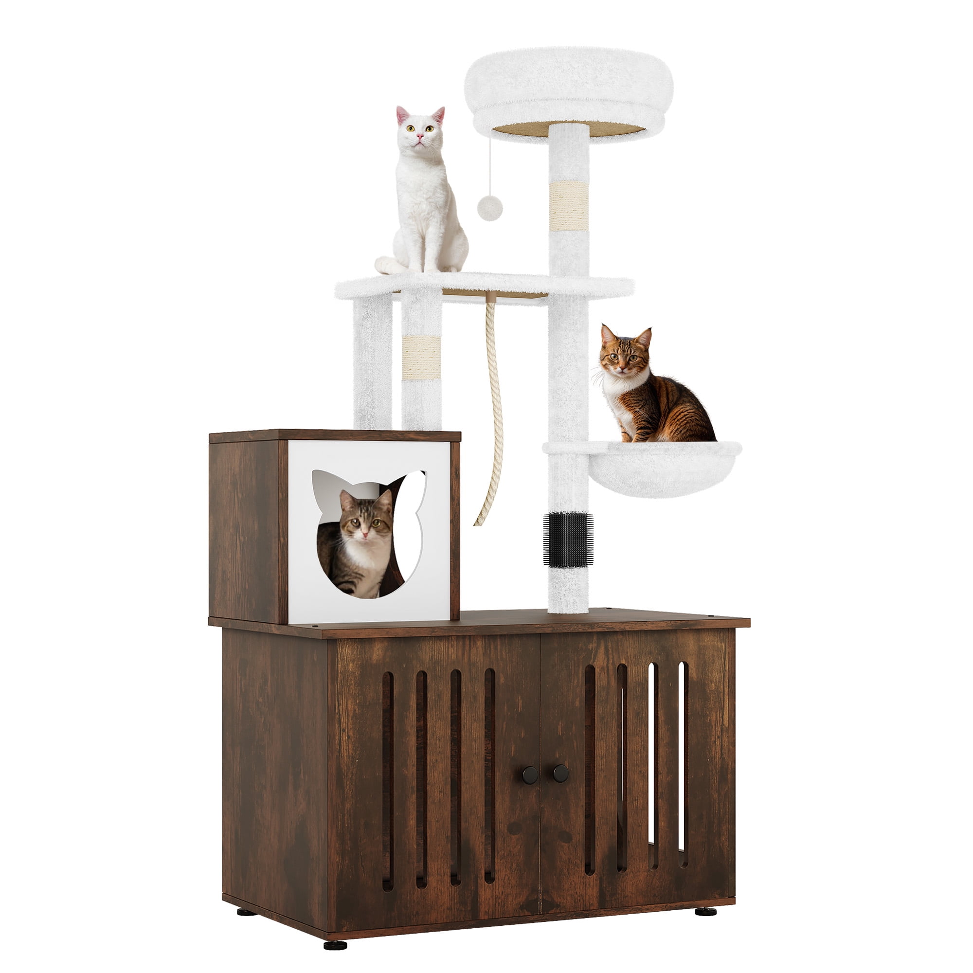 Uforic Cat Tree with Litter Box Enclosure, 2-in-1 Modern Cat Tower Combo, 53.5" Hidden Litter Box Furniture, Rustic Brown