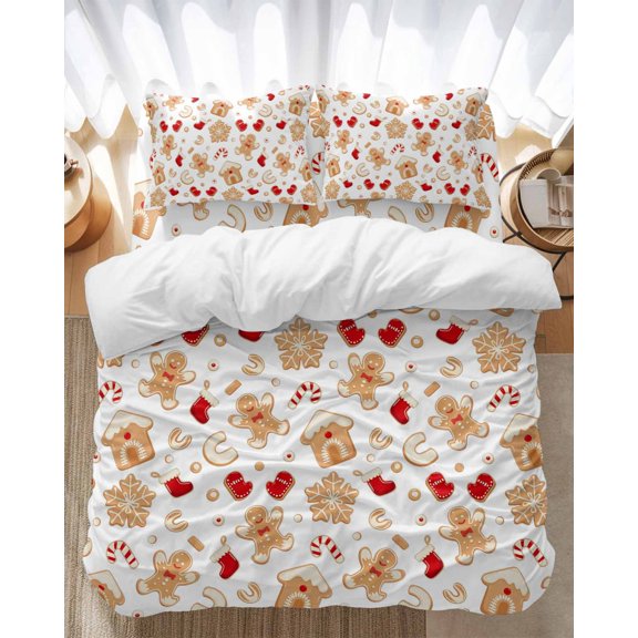 Christmas Gingerbread Man Bedding Duvet Cover Set Twin Size 4 Pieces Winter Snowflake Food White Bedding Set with Zipper Closure, 1 Comforter Cover 68x86 Inches 1 Flat Sheet & 2 Pillow Cases
