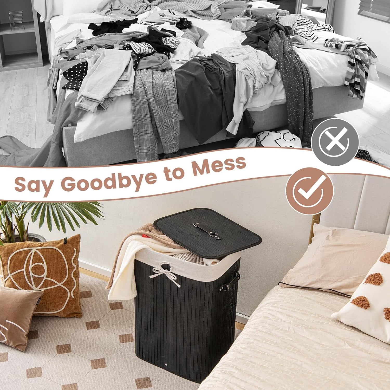 Bamboo Laundry Hamper with Lid, 72L Large & Tall Clothes Hamper with Removable Liner & Handles, Rectangular Laundry Basket for Small Spaces, Laundry Room, Bedroom (Black)