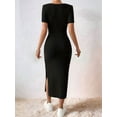 thumbnail image 5 of Women 2025 Summer Ribbed Short Sleeve Bodycon Maxi Dress Side Slit Knit Square Neck Long Sundress, 5 of 8
