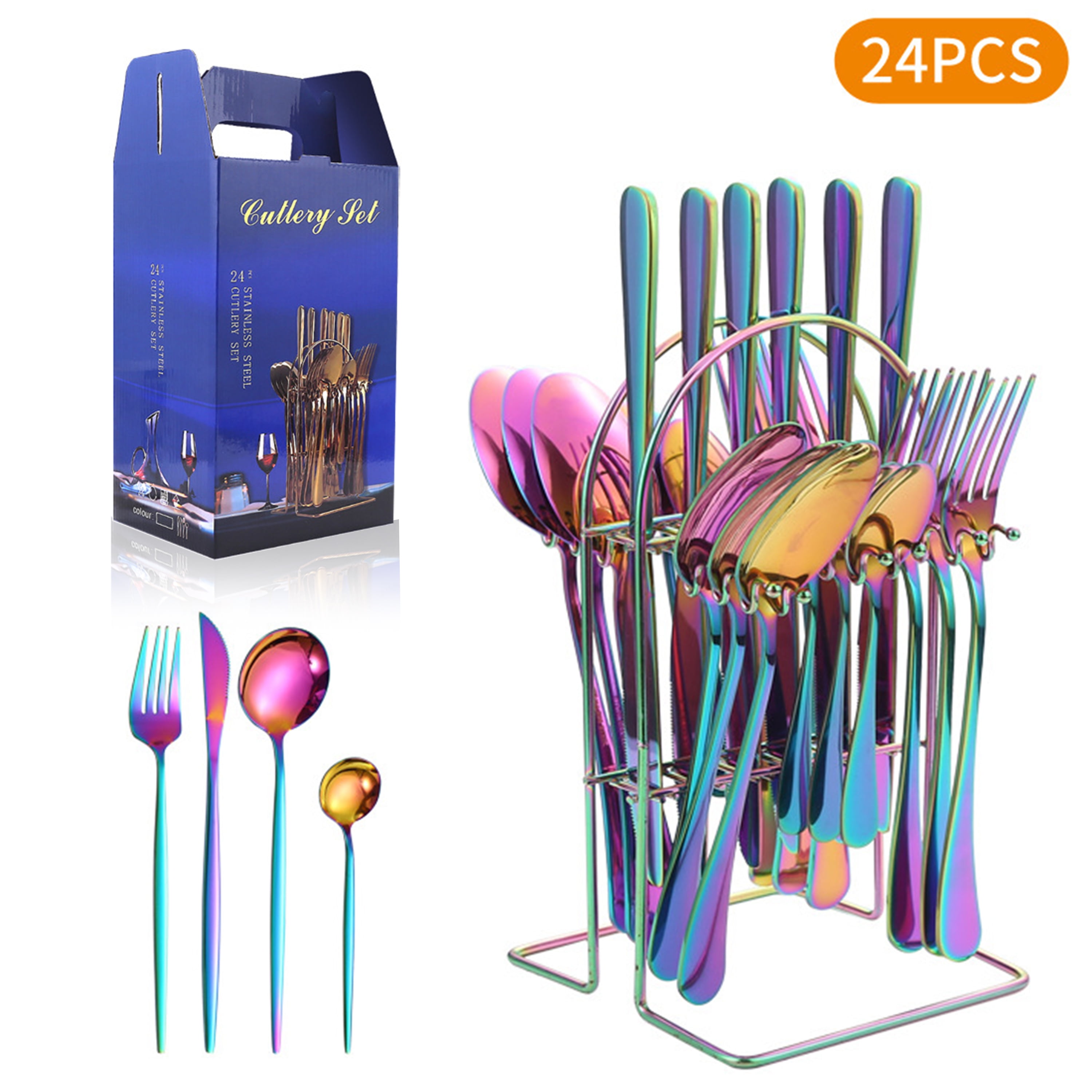 Ltrototea 24 Pcs Rainbow Flatware Set with Holder,Colorful Stainless