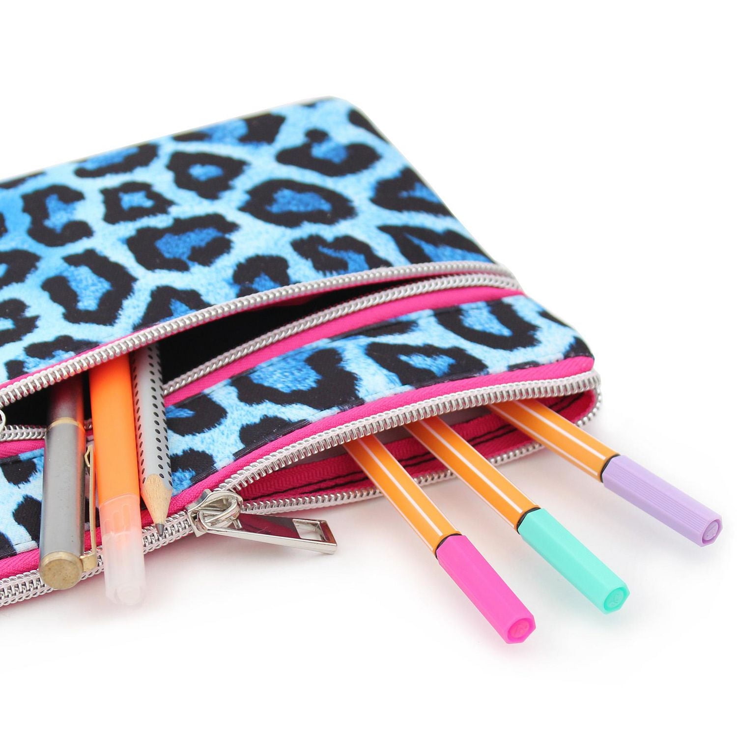 Pen+Gear Leopard Print Pencil Pouch in Blue with 2 Zip Compartments