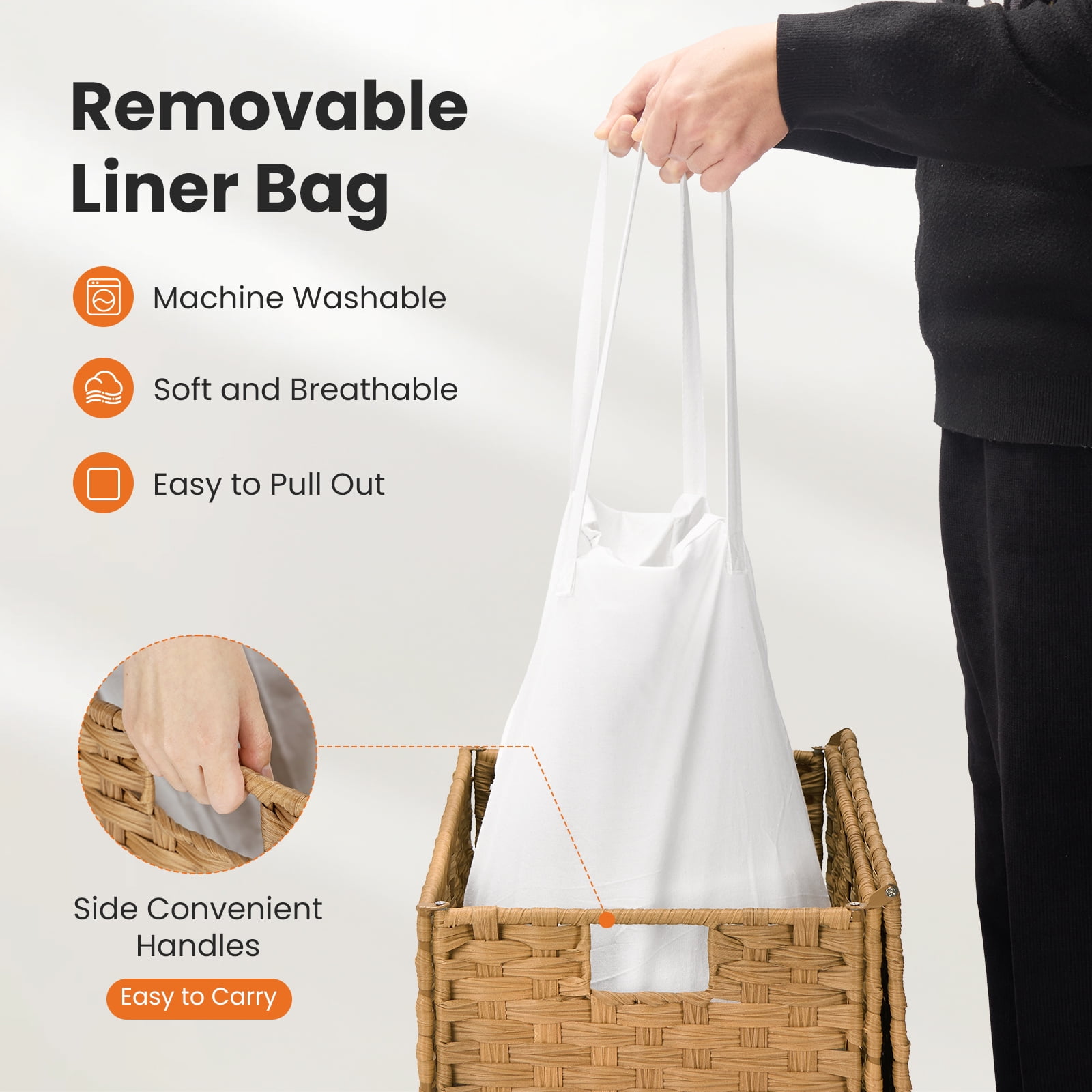 ZUNMOS Laundry Hampers No Installation Required, Divided Clothes Hampers with Removable Liners, 110L Hand-Woven Synthetic Rattan Laundry Hampers with Lids and Handles, Collapsible, Natural