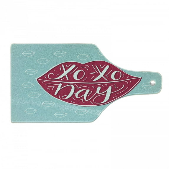 Xo Cutting Board, Woman Full Pink Lips with Hugs and Kisses Day Phrase Fashion Graphic Print, Tempered Glass Cutting and Serving Board, Wine Bottle Shape, Dark Coral and Seafoam, by Ambesonne