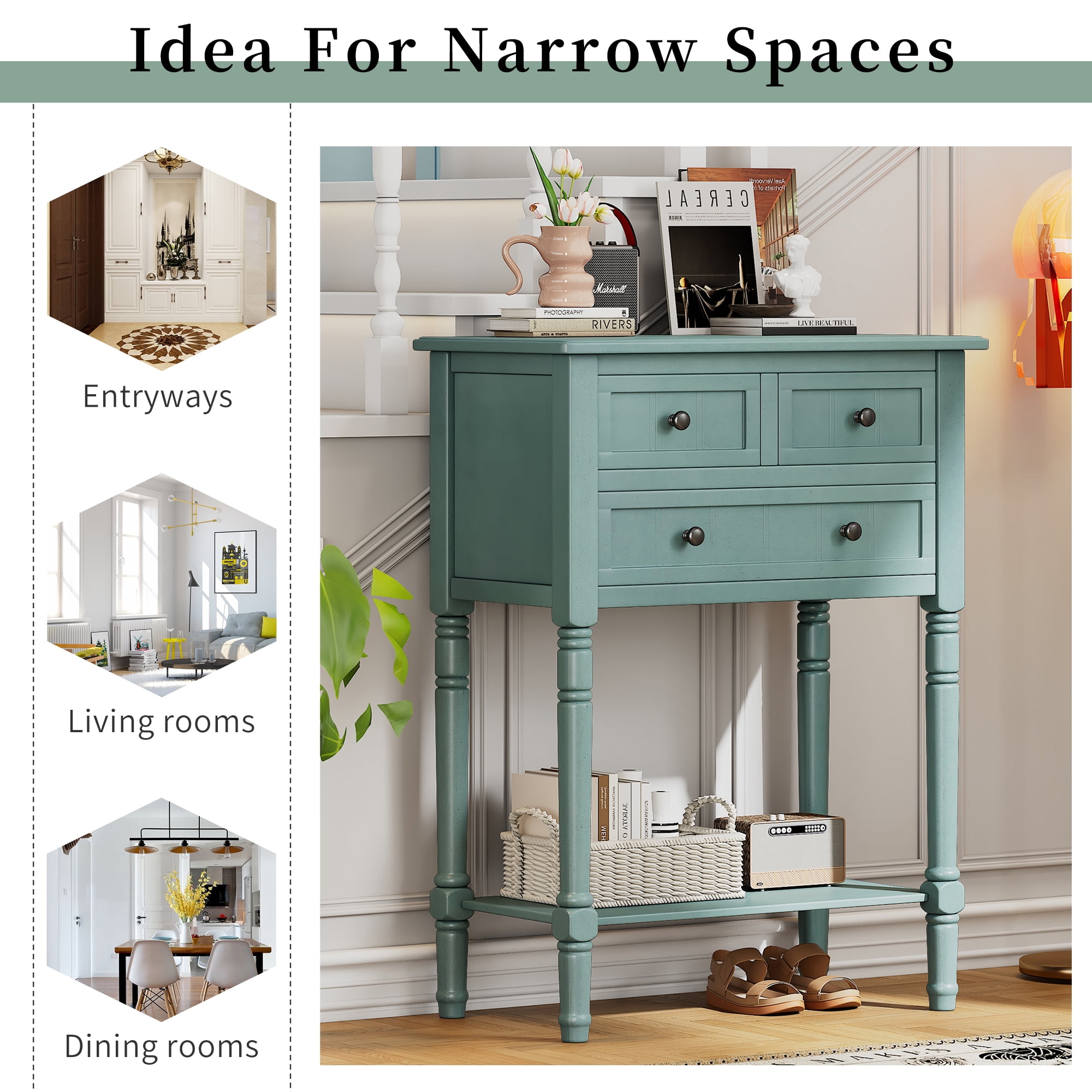 Harper & Bright Designs Narrow Console Table with Storage Drawers and Bottom Shelf for Entryway Living Room, Retro Console Table for Small Space, Light Blue