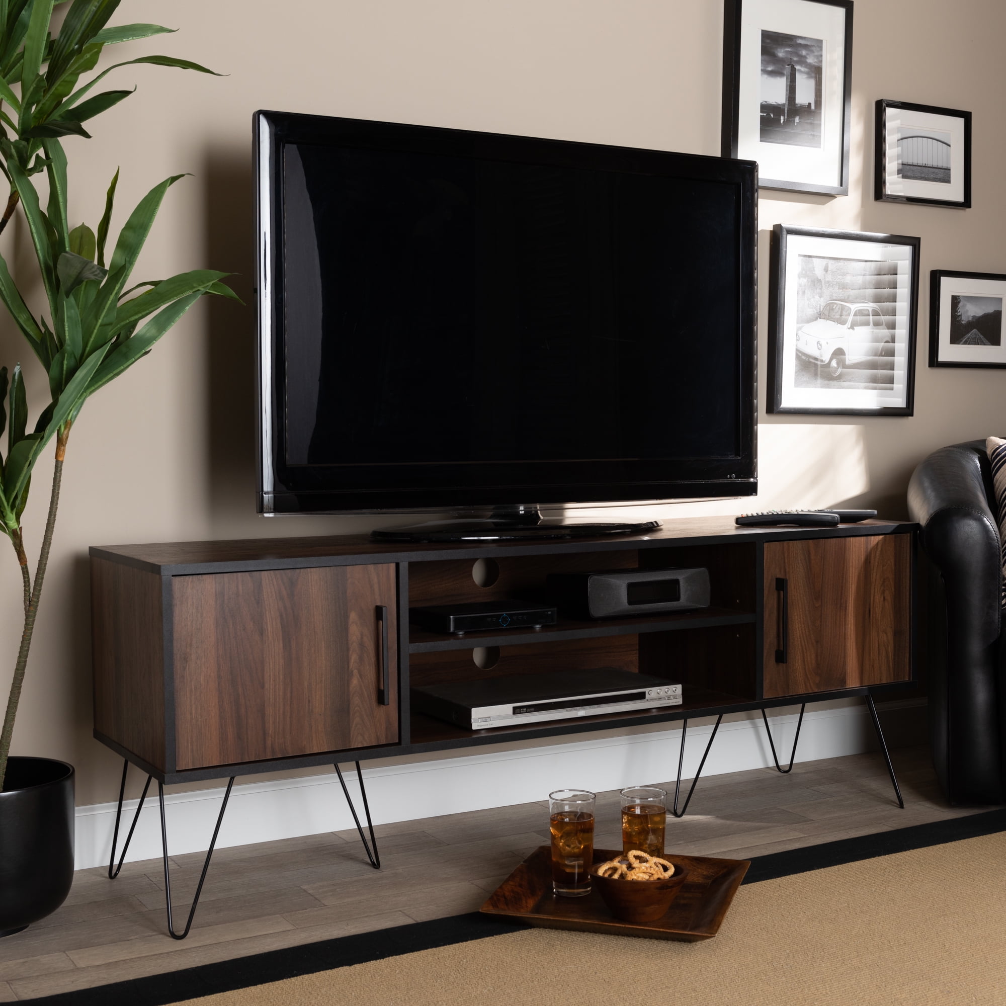 Baxton Studio Mid-Century Lena Wood 70 W TV Stand with Storage in Walnut Brown