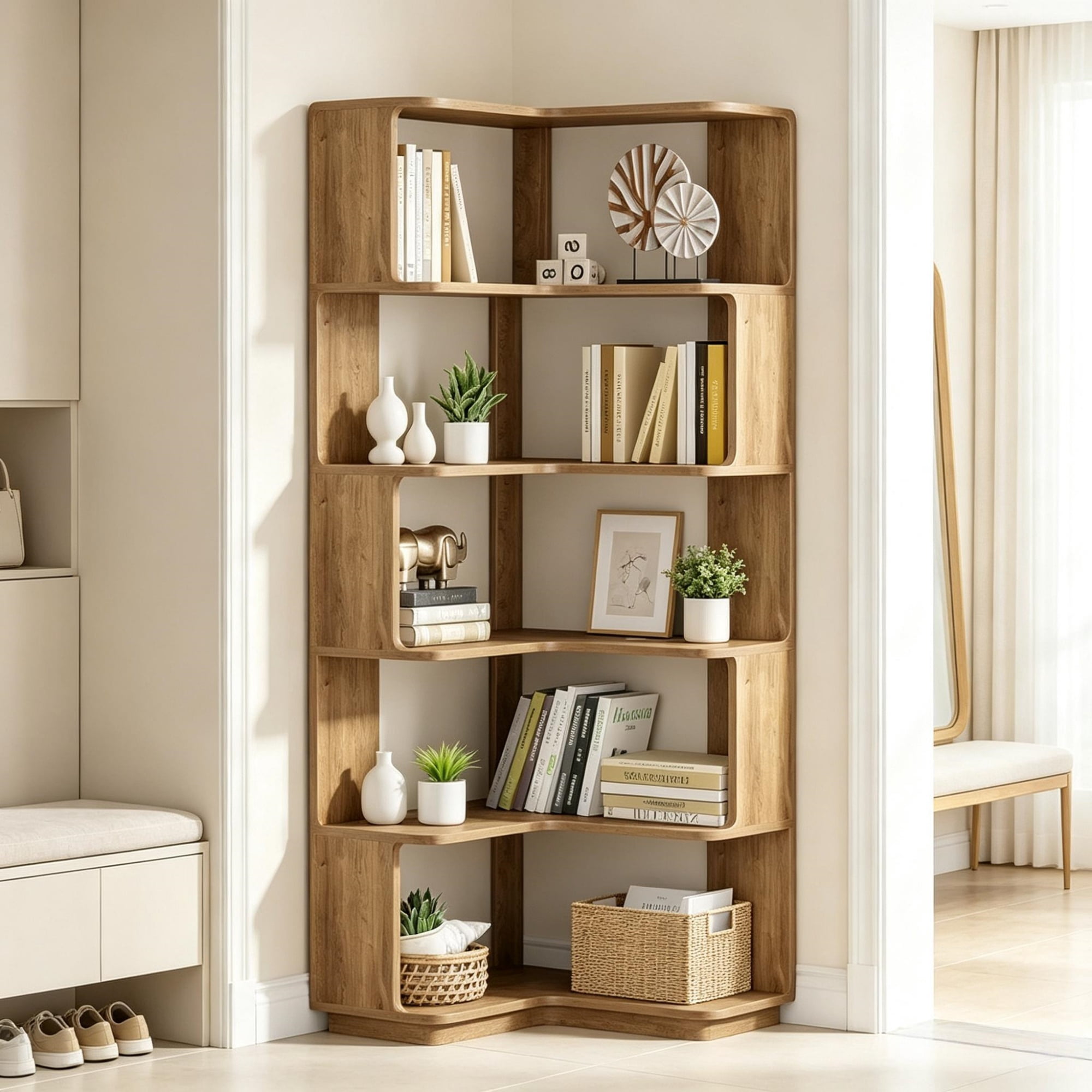 65 Inch L Shaped Corner Bookshelf with 6 Tier Display Shelves and Anti Drop Panel