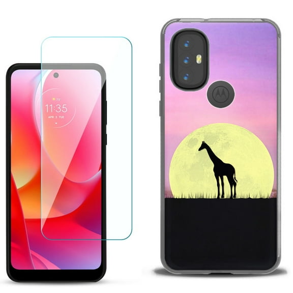 Slim-Fit Gel TPU Phone Case for Motorola Moto G Power 2022, with Tempered Glass Screen Protector, by OneToughShield ® - Moonlight Giraffe