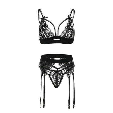 

Fimkaul Women s Lingerie Plus Size Nightgowns Underwear Lace Bra Panties Garter Set Sleepwear Sets Black 3XL