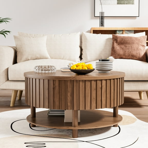 Round Coffee Table with Hidden Storage and Open Storage Shelf, Modern Farmhouse Center Table for Living Room, Walnut