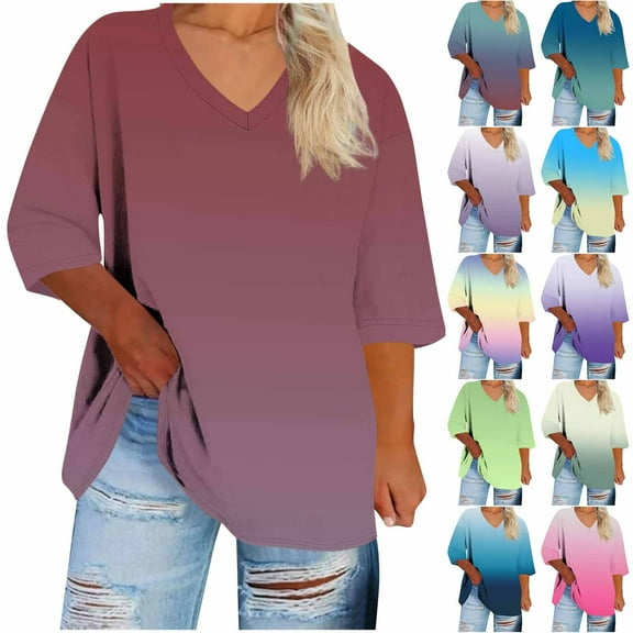 AnuYalue Womens Plus Size T-Shirt Loose Fit 3/4 Length Sleeve Blouse Color Block V Neck Shirt Casual Trendy Tops