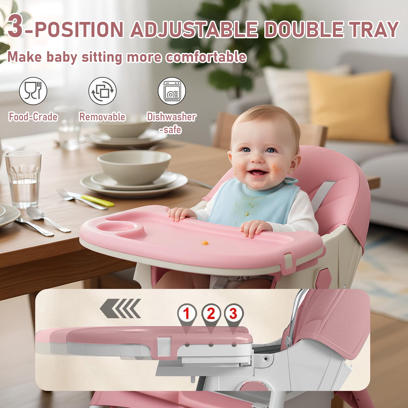 ManyFun 4 in 1 Baby High Chair Portable Toddler Baby Dining Chairs-Dining Booster Seat for Eating-Dinner Plate and Toy Rack,Pink