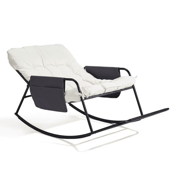 WoofPaw Adjustable Backrest Rocking Chair, Patio Rocking Chair with Cushion, Chair with Footrest, Indoor & Outdoor Rocker Chair for Living Room, Bedroom, Patio, Garden, Cream White