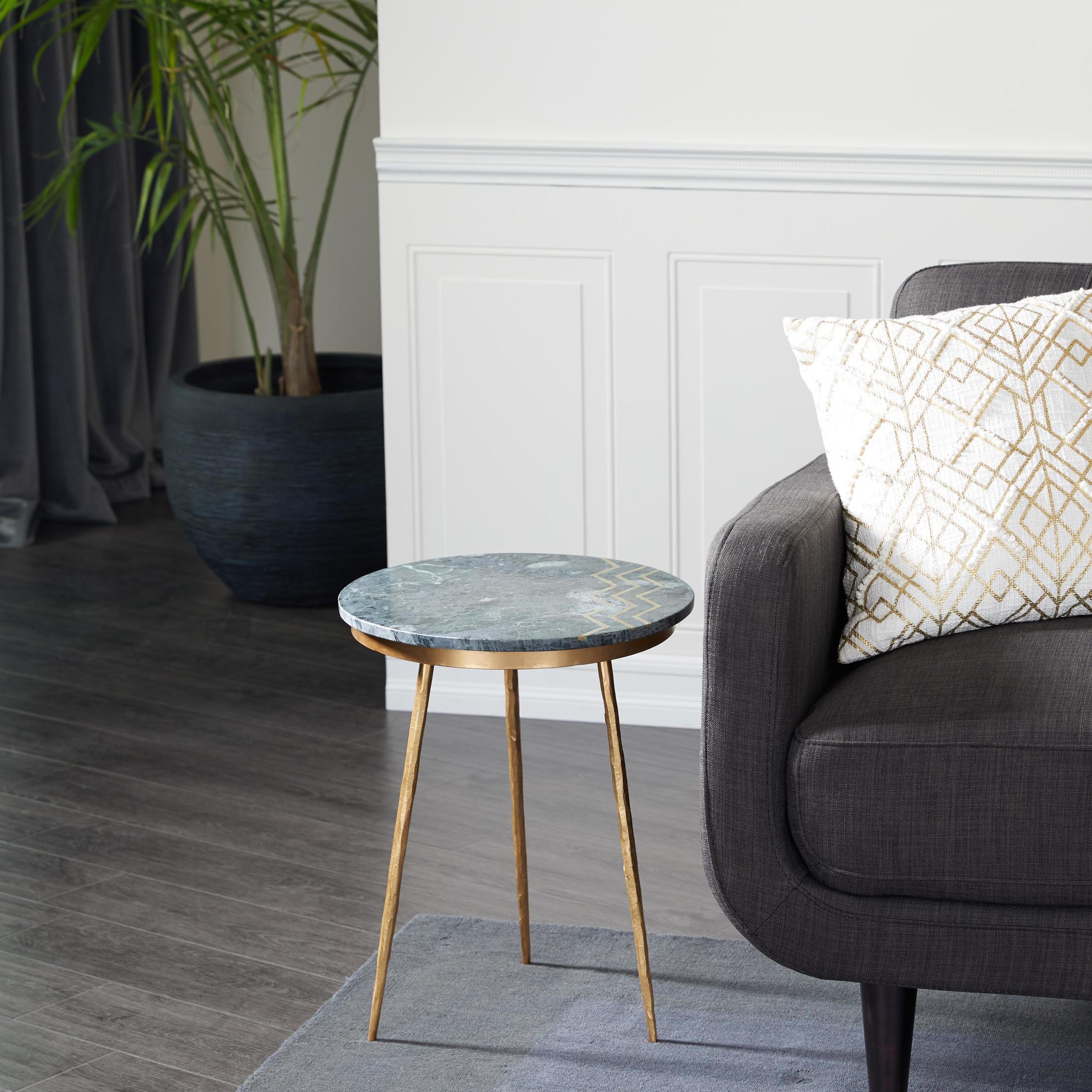 DecMode 16" x 20" Green Marble Accent Table with Gold Metal Tripod Legs and Zig-Zag Detail, 1-Piece