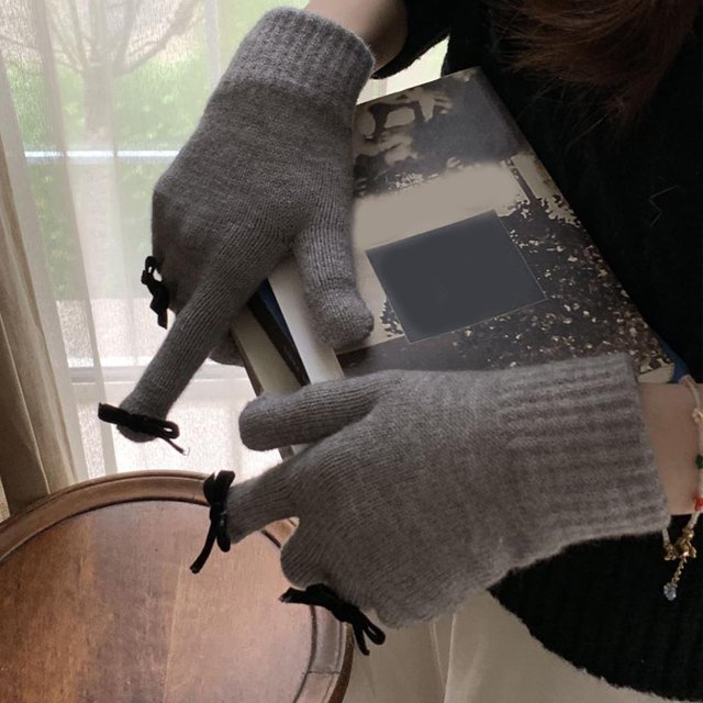 Guantes de punto decorados con lazos para mujer, guantes cálidos de Cachemira para invierno, manoplas con pantalla táctil para dedos expuestos, guantes para ciclismo y esquí al aire libre