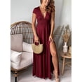 thumbnail image 4 of QWZNDZGR Women's Deep V-Neck Short Sleeve Long Skirt Pleated High Waist Split Club Party Evening Dress Solid Color Dress, 4 of 8